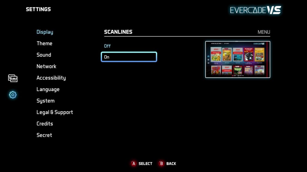 Evercade VS menu scanlins