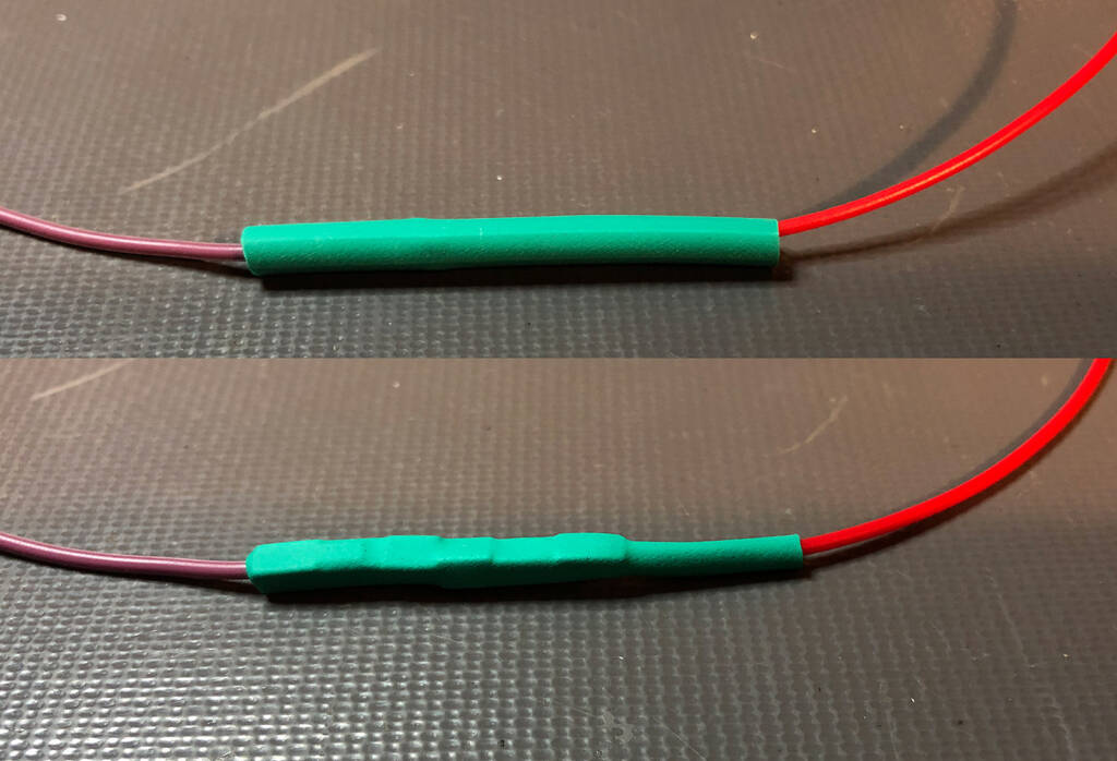 A heat shrink joint, before and after heat is applied