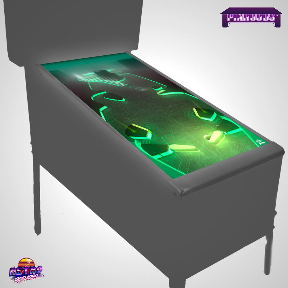 Mockup of the Green PinOut Table PinHoods Cover Pinball Playfield Glass Protector and Work Mat Shield Preview by Retro Refurbs