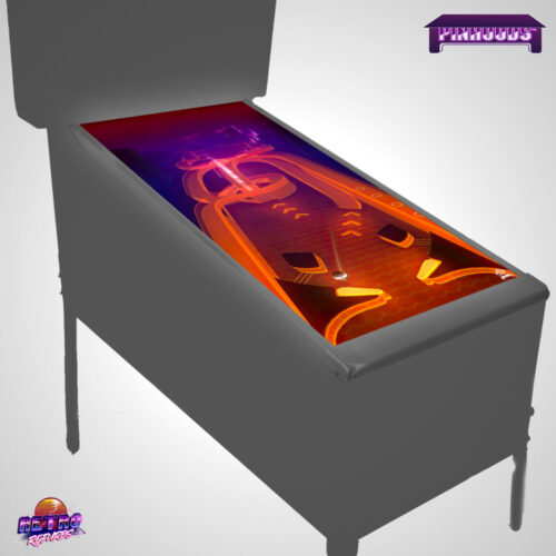 Mockup of the Orange PinOut Table PinHoods Cover Pinball Playfield Glass Protector and Work Mat Shield Preview by Retro Refurbs
