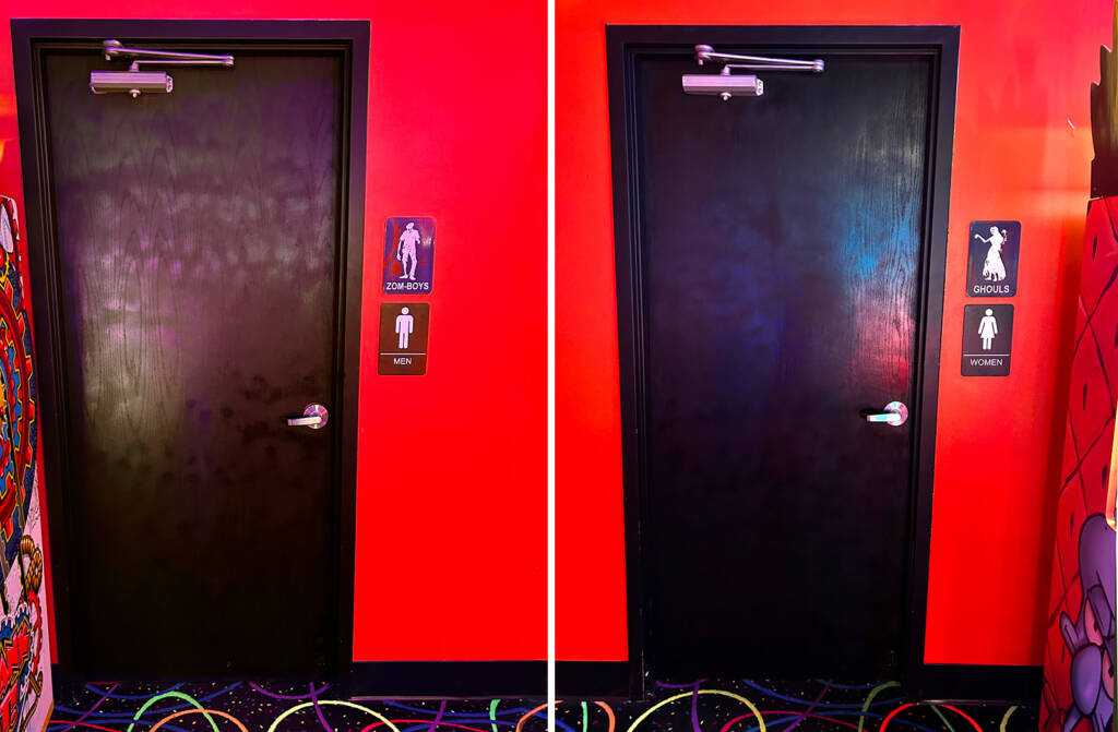 “Zom-boys” and “Ghouls” bathrooms inside the main arcade